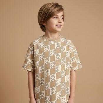 Boys Beige & White Check Logo T-Shirt