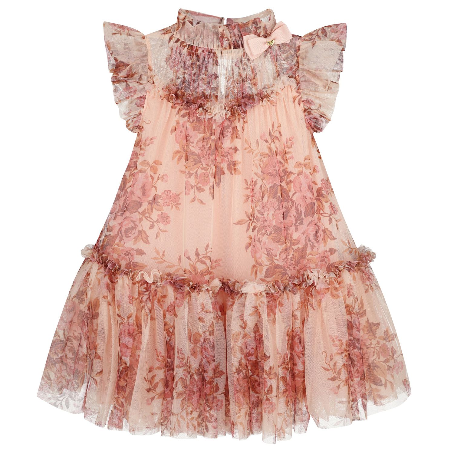 Girls Pink Floral Tulle Dress, 1, hi-res