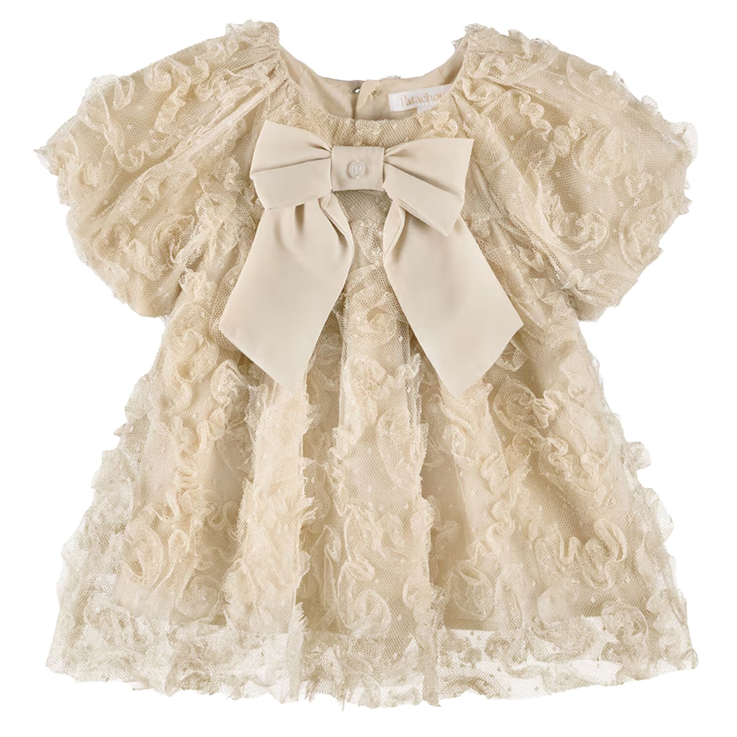 Girls Gold Bow Ruffled Tulle Dress, 1, hi-res