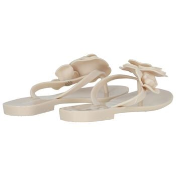 Girls Beige Logo Flower Flip Flops