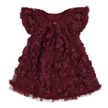 Baby Girls Burgundy 3D Flower & Sequin Ivy Dress