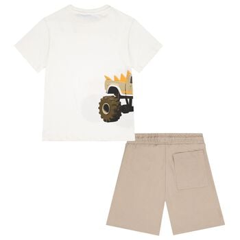 Boys White & Beige Shorts Set