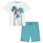 Boys Blue Palm Tree Print Shorts Set, 1, hi-res