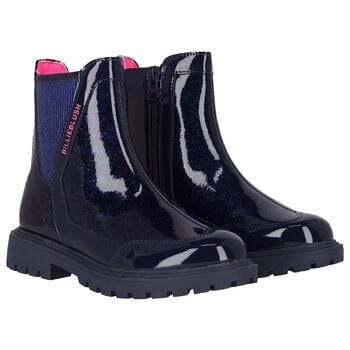 Girls Navy Blue Faux Leather Boots 