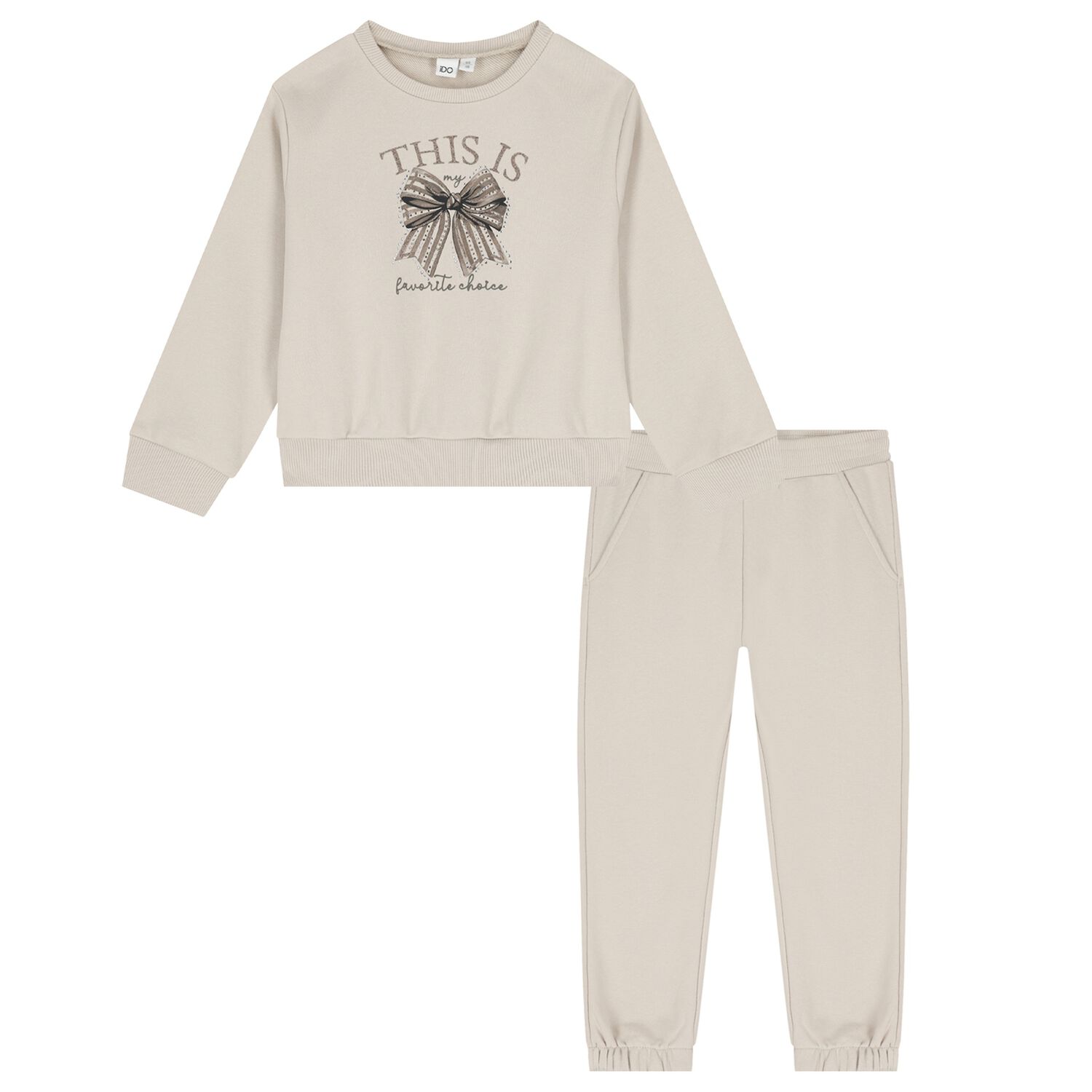 Girls Beige Bow Tracksuit, 1, hi-res