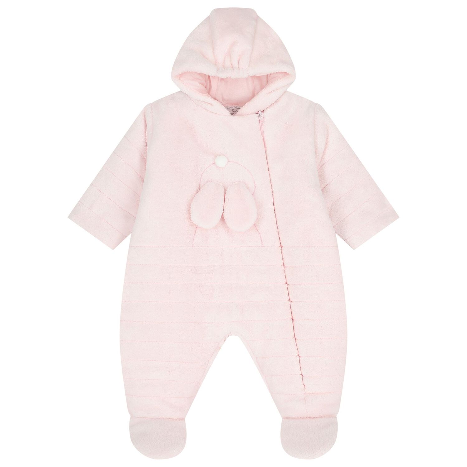 Baby Girls Pink Bunny Fleece Hooded Pramsuit, 1, hi-res
