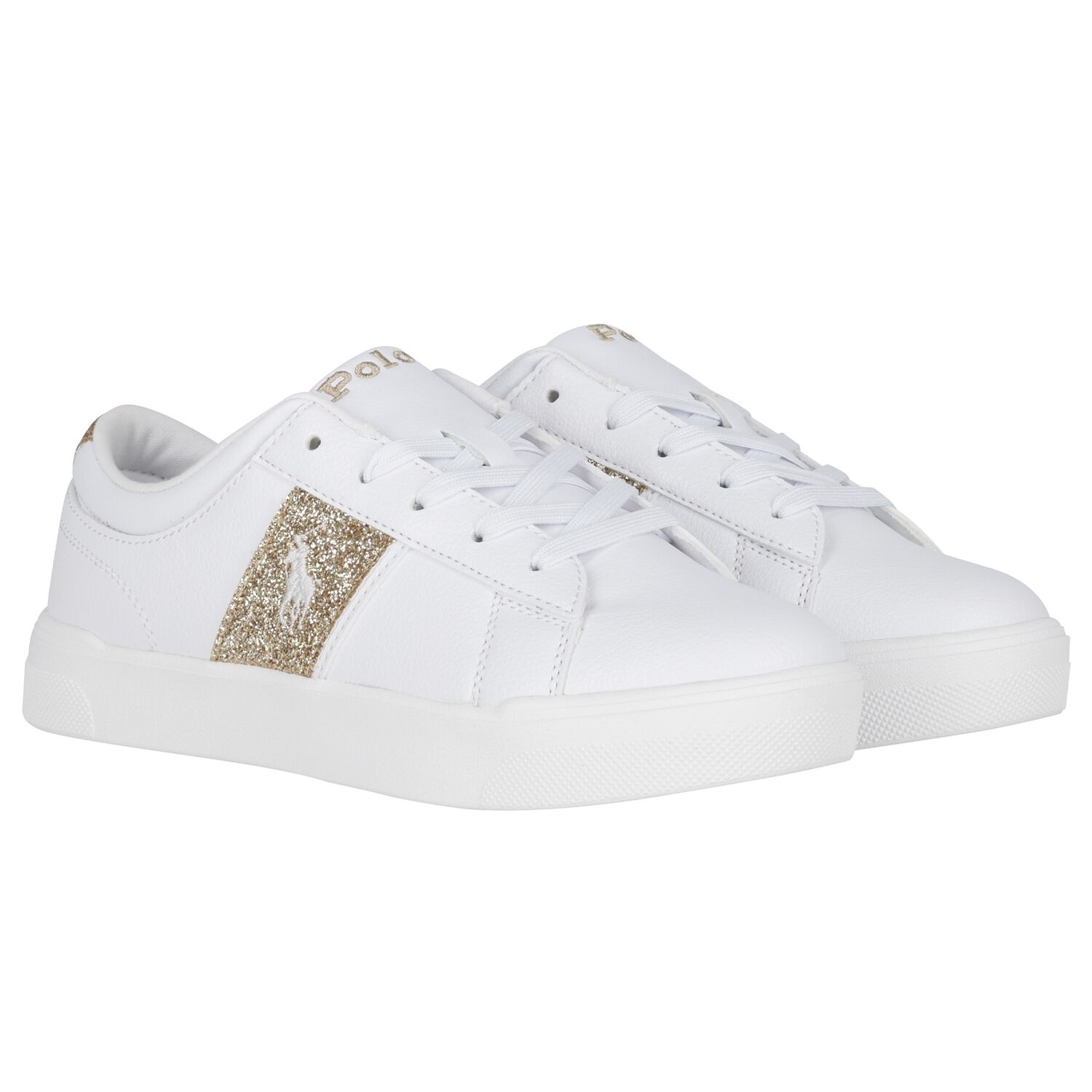Girls White & Gold Logo Trainers, 1, hi-res
