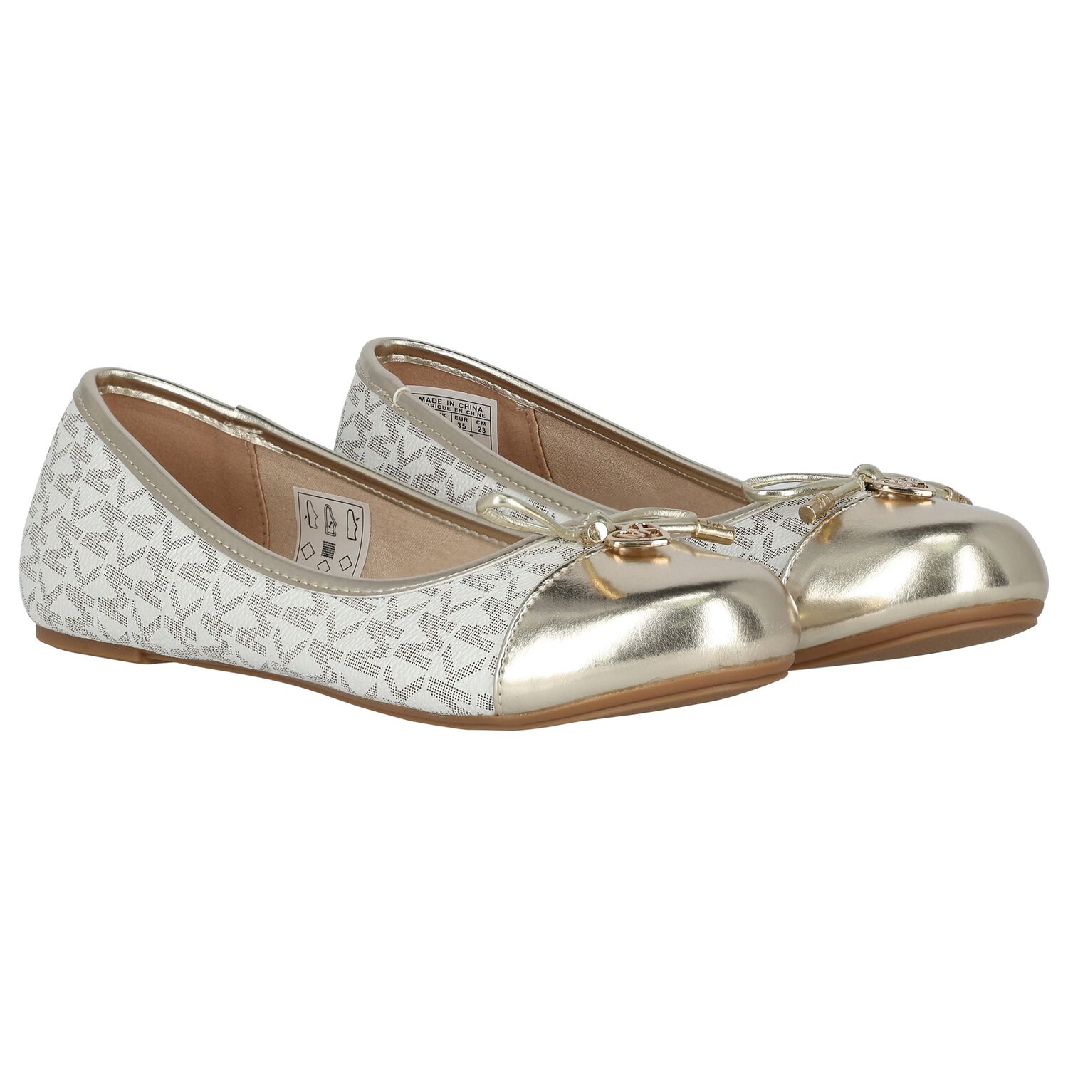 Girls Ivory & Gold Logo Ballerina Shoes, 1, hi-res