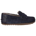 Younger Boys Navy Blue Suede Leather Moccasins, 2, hi-res
