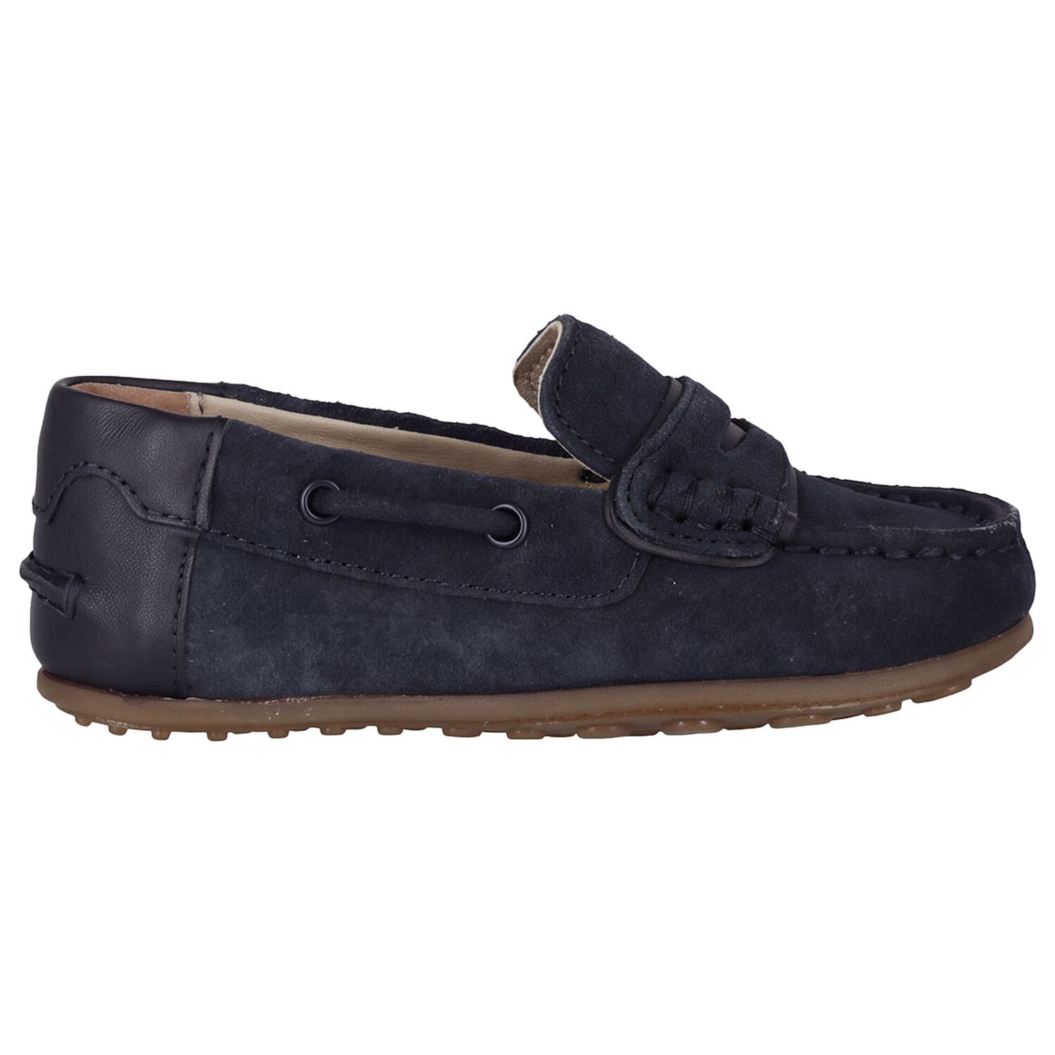 Younger Boys Navy Blue Suede Leather Moccasins, 2, hi-res
