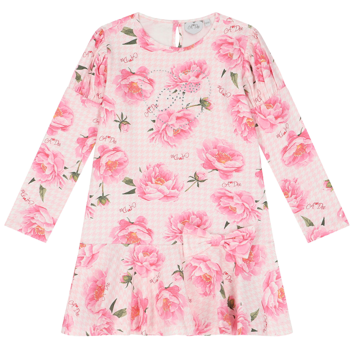 Girls Pink Houndstooth Floral Dress, 1, hi-res