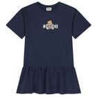 Girls Navy Blue Teddy Bear Logo Dress, 2, hi-res
