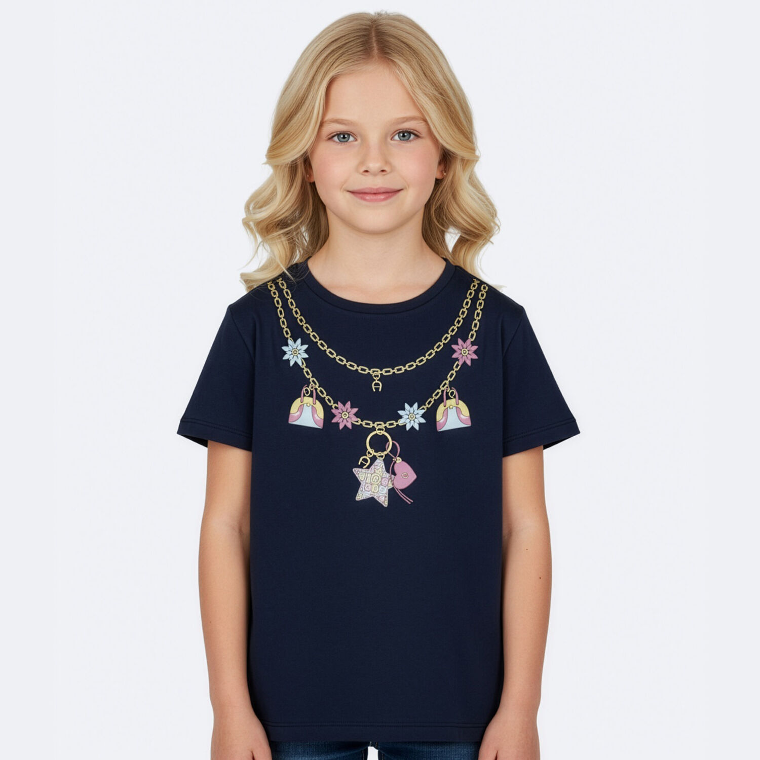 Girls Navy Blue Necklace Logo T-Shirt, 1, hi-res