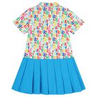 Girls White & Blue Logo Pleated Dress, 1, hi-res