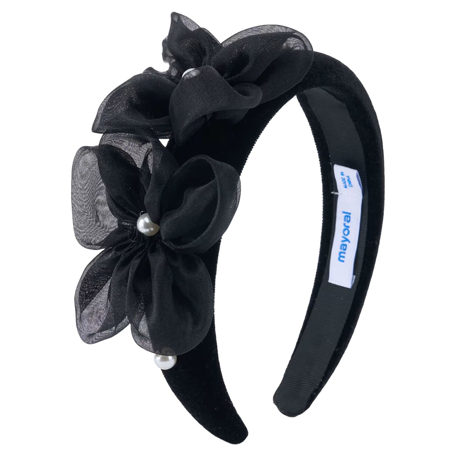 Girls Black Pearl Velvet Headband, 1, hi-res