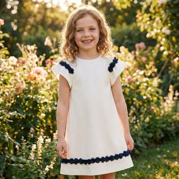 Girls Ivory & Navy Blue Flower Crepe Dress