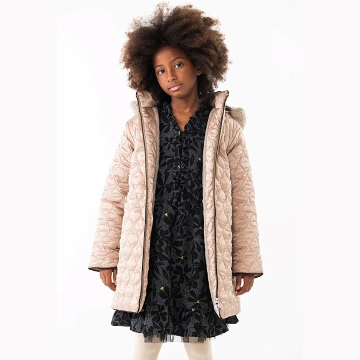 Girls Beige Puffer Coat, 1, hi-res