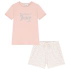 Girls Pink & Ivory Glittery Logo Shorts Set, 1, hi-res
