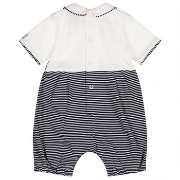 Baby Boys White & Navy Blue Striped Romper