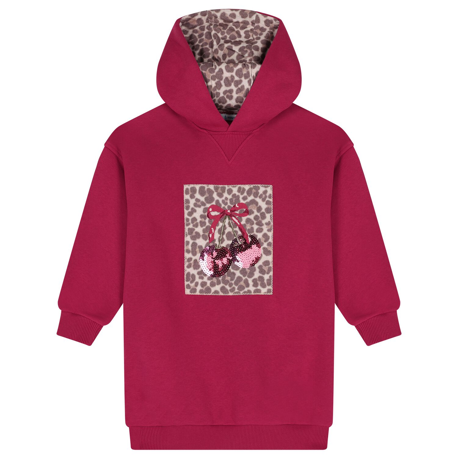 Girls Burgundy Embellished Cherry Hooded Sweatshirt Dress, 2, hi-res