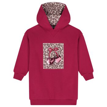 Girls Burgundy Embellished Cherry Hooded Sweatshirt Dress