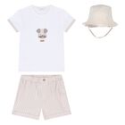 Baby Boys White & Beige Striped Shorts & Hat Set, 1, hi-res