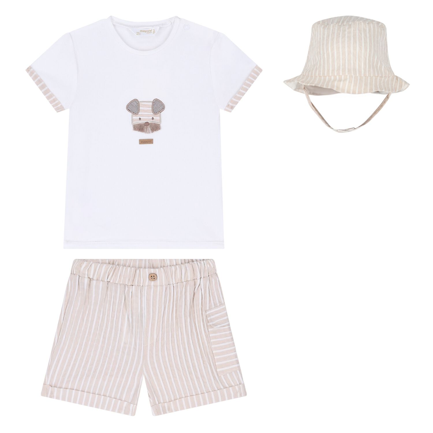 Baby Boys White & Beige Striped Shorts & Hat Set, 1, hi-res
