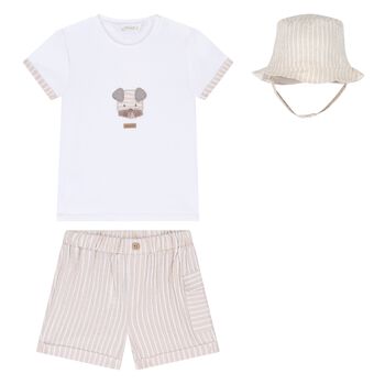 Baby Boys White & Beige Striped Shorts & Hat Set