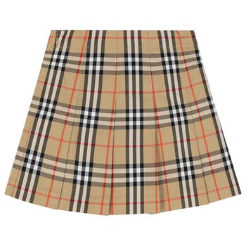 Girls Beige Check Pleated Skirt