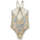 Girls Blue & Beige Floral Swimsuit, 1, hi-res