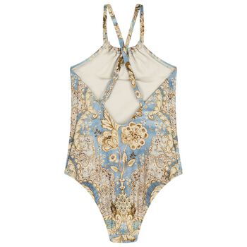 Girls Blue & Beige Floral Swimsuit