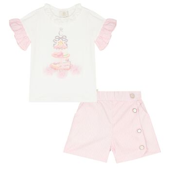 Girls White & Pink Pastry Shorts Set