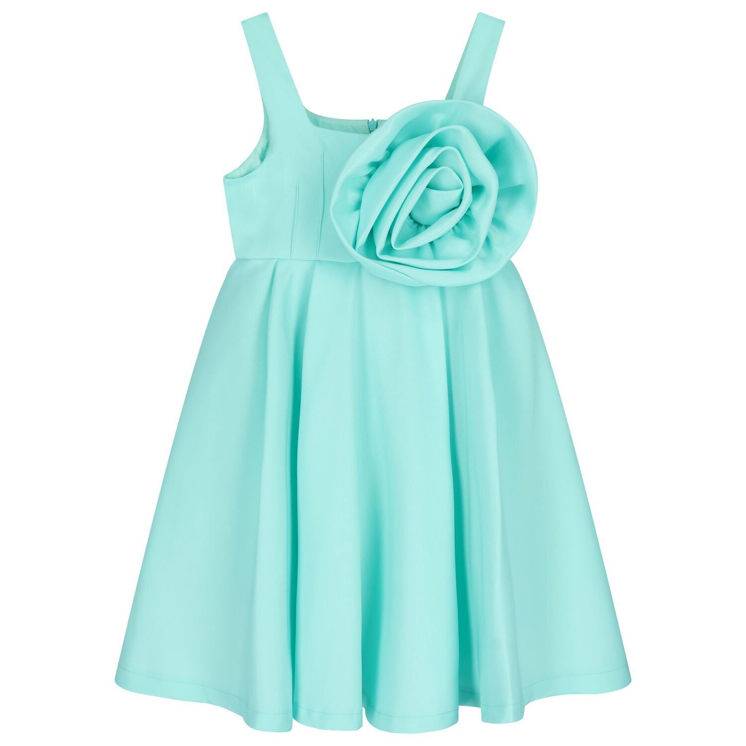 Girls Aqua Satin Floral Applique Dress, 1, hi-res
