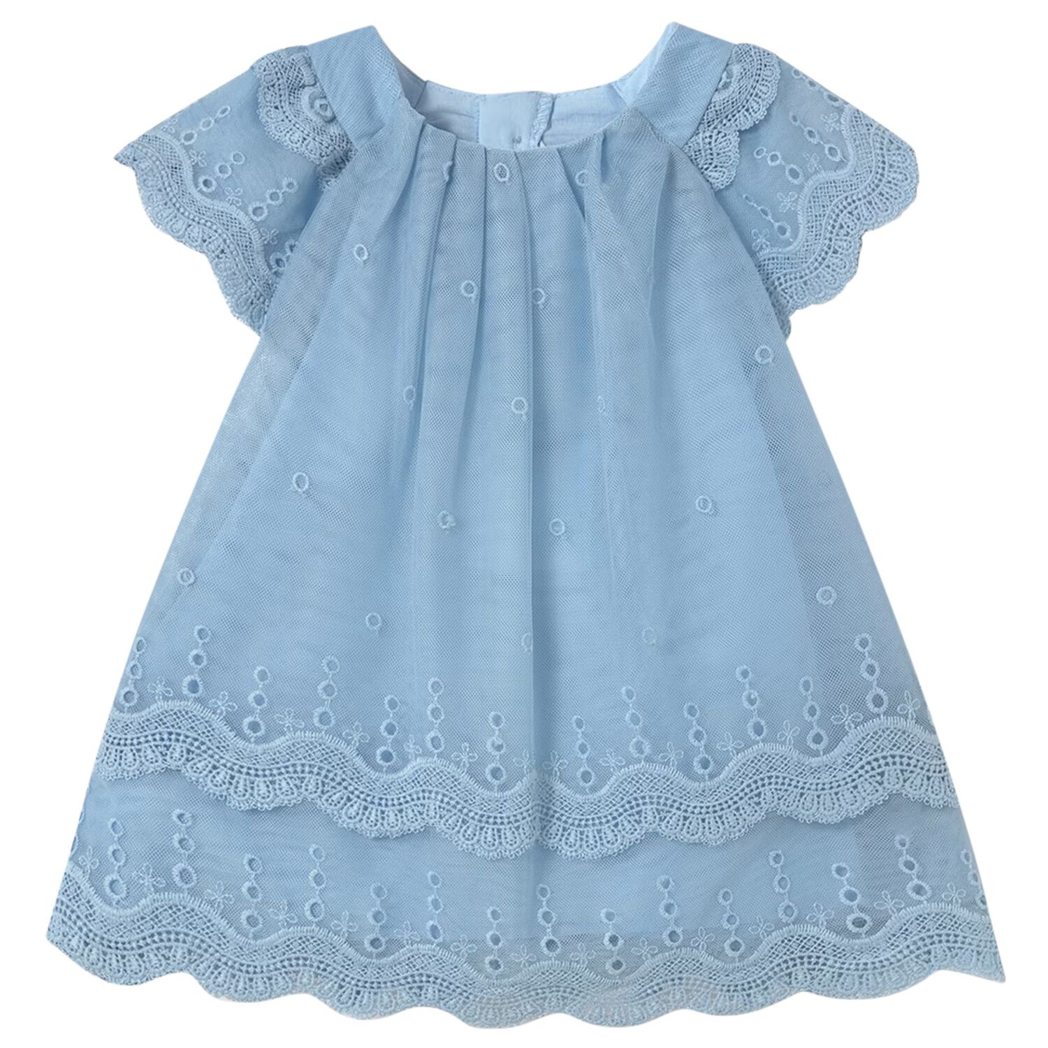 Younger Girls Blue Embroidered Tulle Dress, 2, hi-res