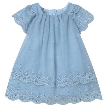 Younger Girls Blue Embroidered Tulle Dress