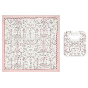 Baby Girls White & Pink Toile de Jouy Carré Swaddle & Bib Gift Set