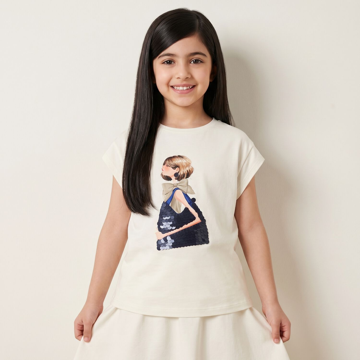 Girls White Sequin T-Shirt, 4, hi-res