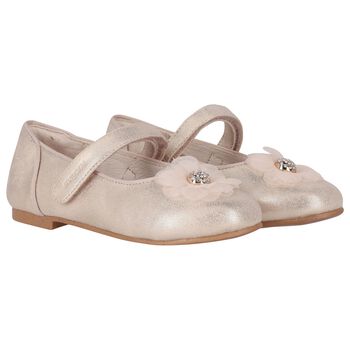 Girls Gold Diamante Flower Shoes
