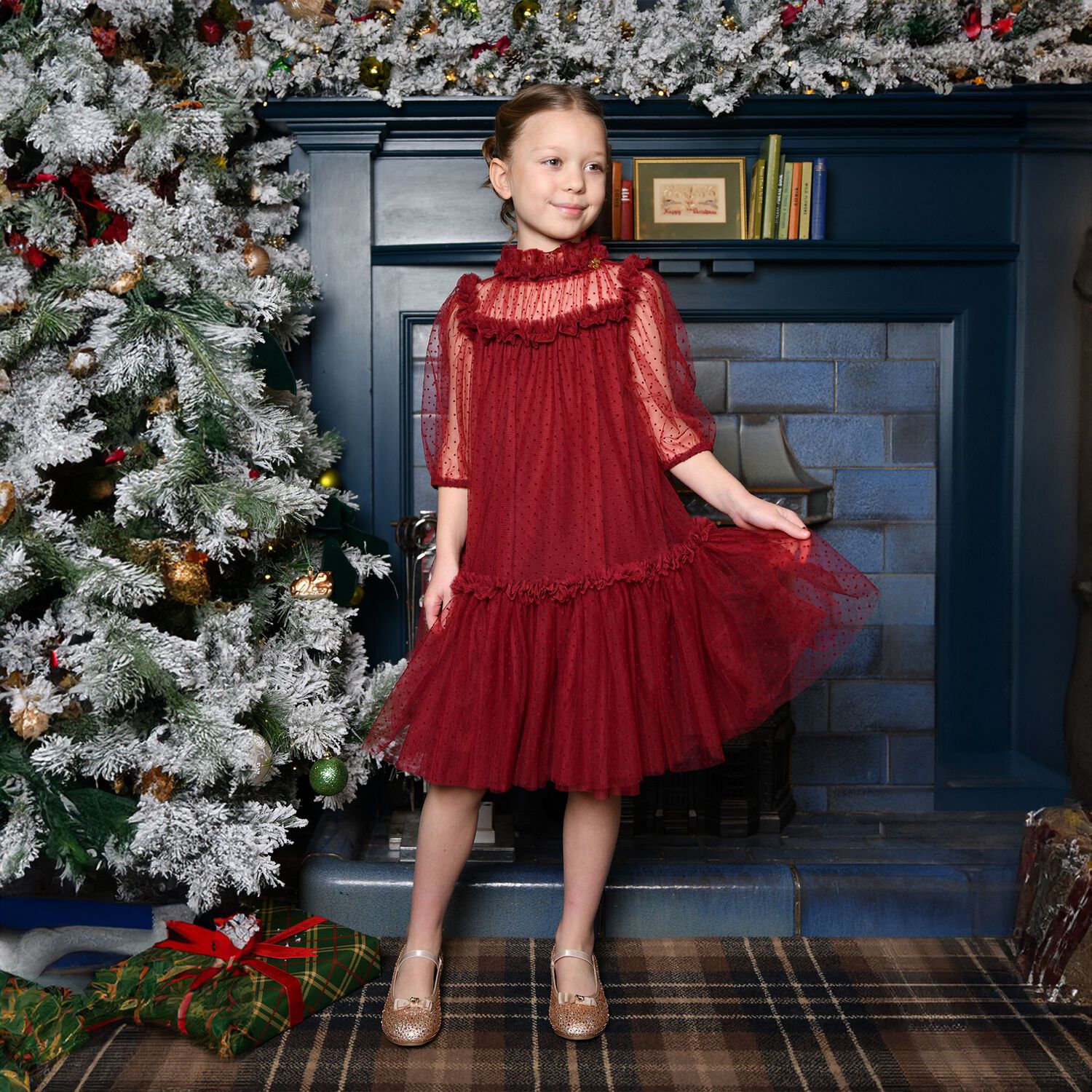Girls Red Dots Tulle Myrtisa Dress, 1, hi-res