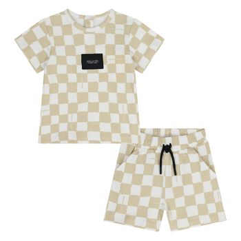 Younger Beige & White Check Shorts Set