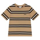 Boys Beige, Black & White Striped Logo T-Shirt, 1, hi-res