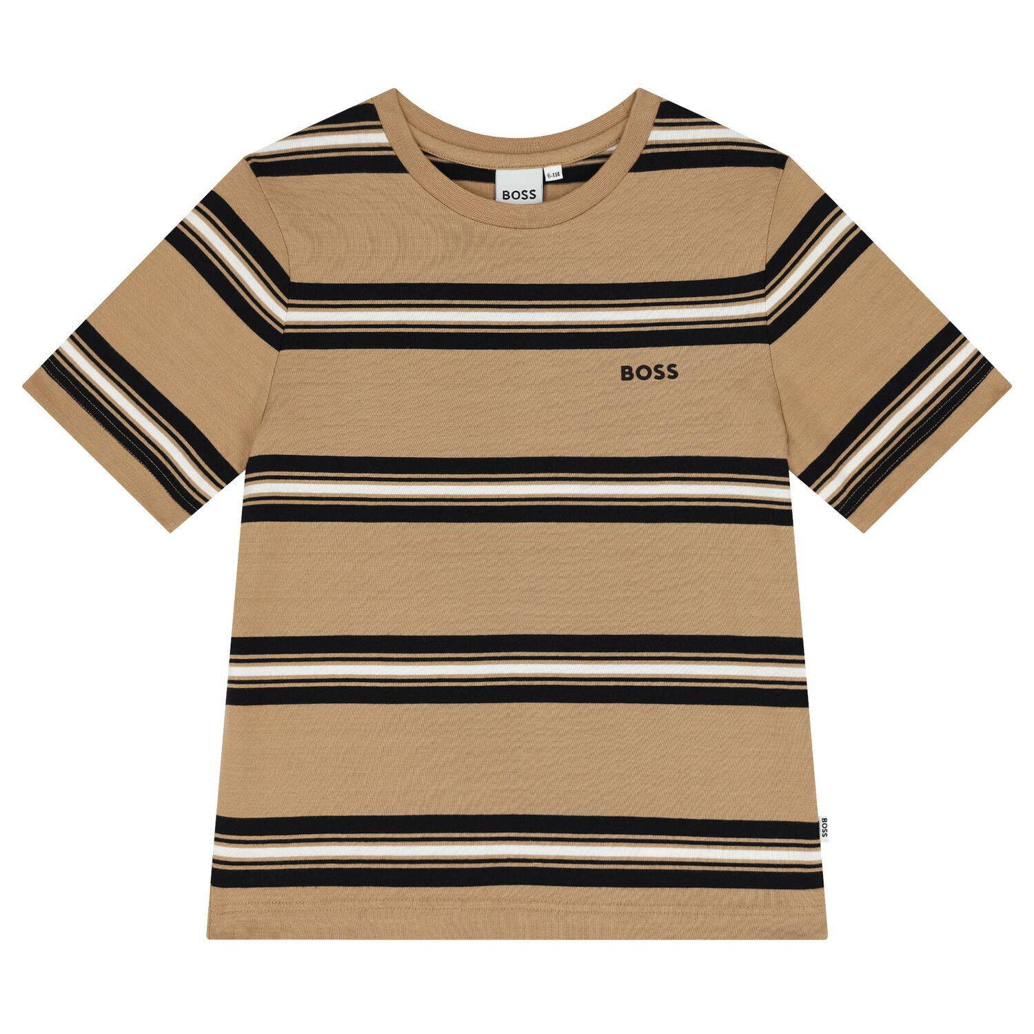 Boys Beige, Black & White Striped Logo T-Shirt, 1, hi-res image number null