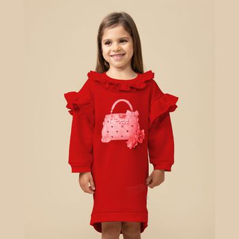 Girls Red Logo Bag Ruffled Dress