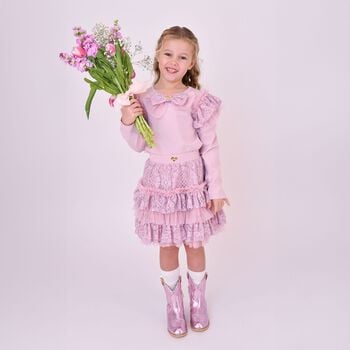 Girls Pink Sequin Lace Bow Carina Long Sleeve Top