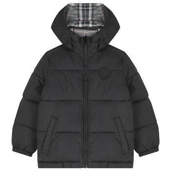 Boys Black & Green Tartan Reversible Puffer Jacket 