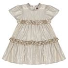 Younger Girls Beige & Gold Logo Ruffled Dress, 1, hi-res