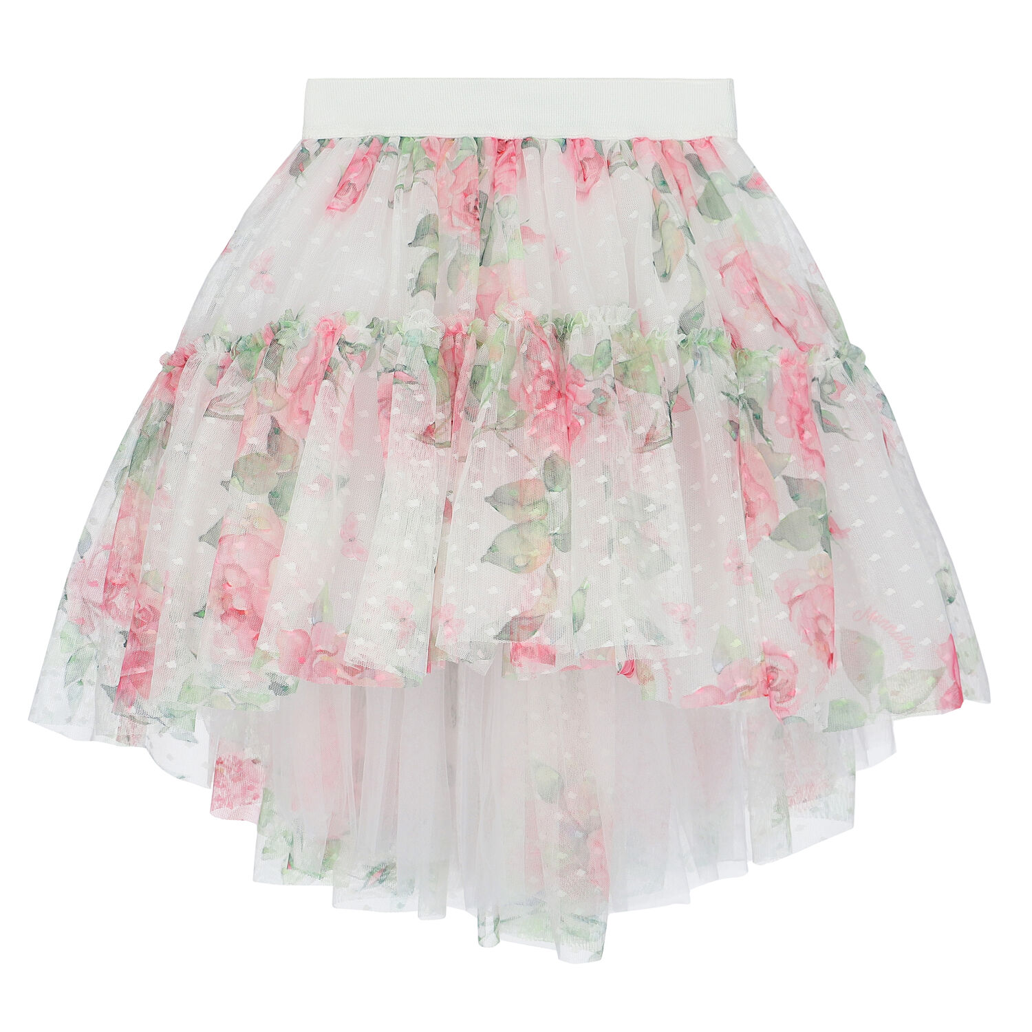 Girls White Floral Tulle Skirt, 1, hi-res