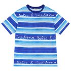 Boys Blue Striped Cotton Logo T-Shirt, 1, hi-res