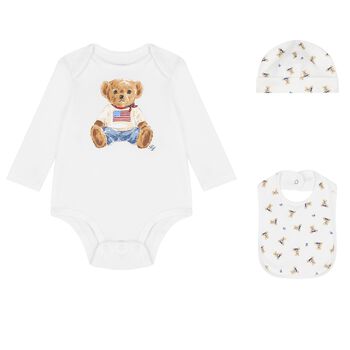  Baby Boys White Polo Bear Babysuit Gift Set