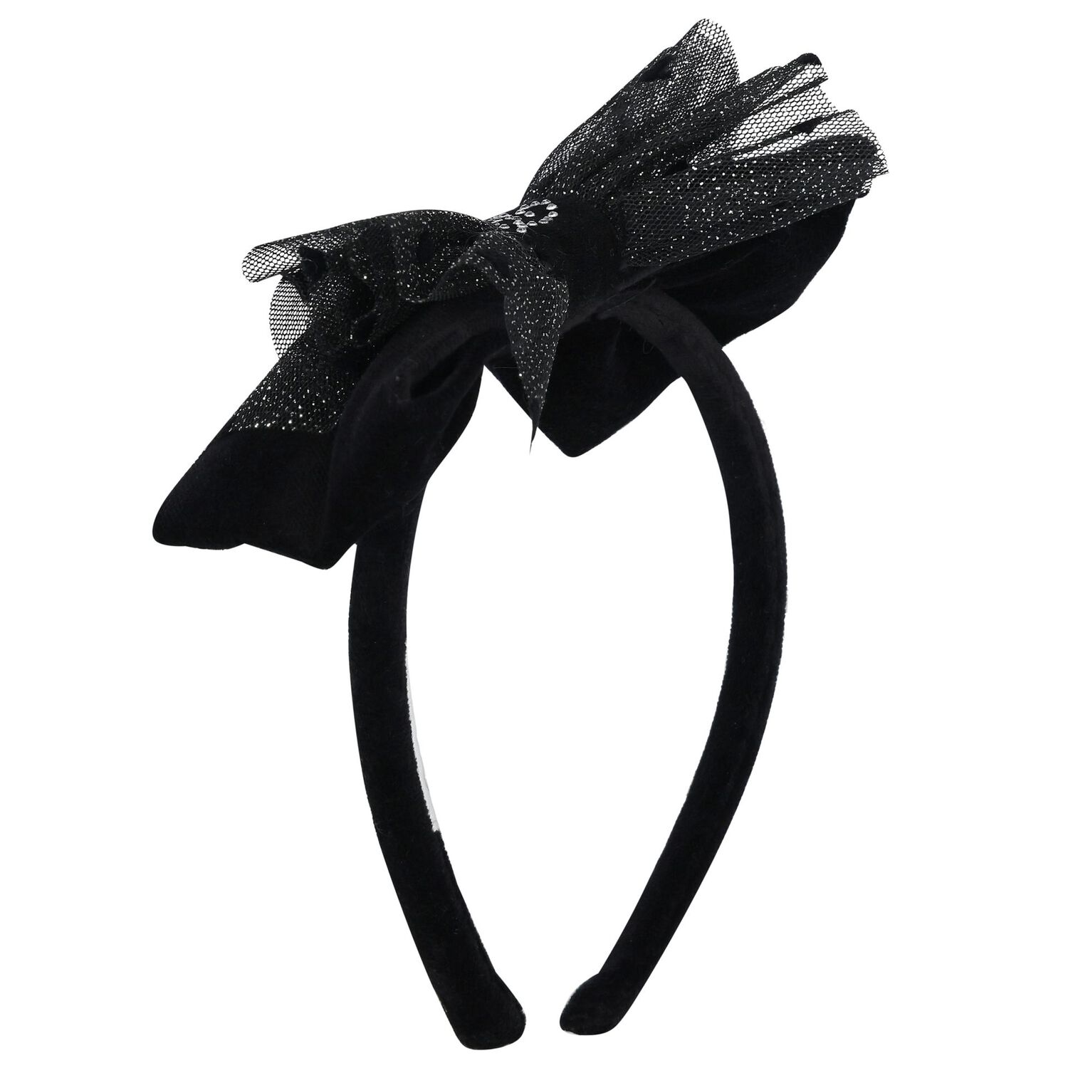 Girls Black Velvet Bow Headband, 1, hi-res